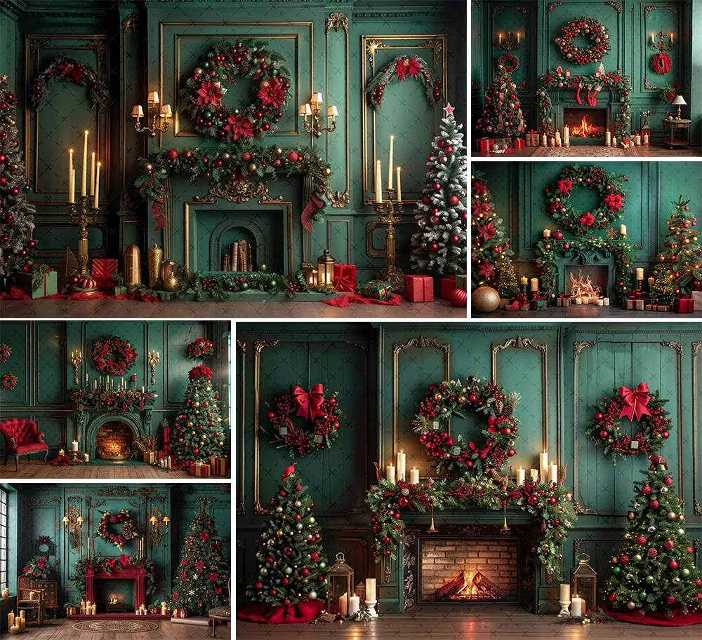 Mehofond Photography Background Green Christmas Fireplace Gifts Xmas Tree Children Family Portrait Decor Backdrop Photo Studio