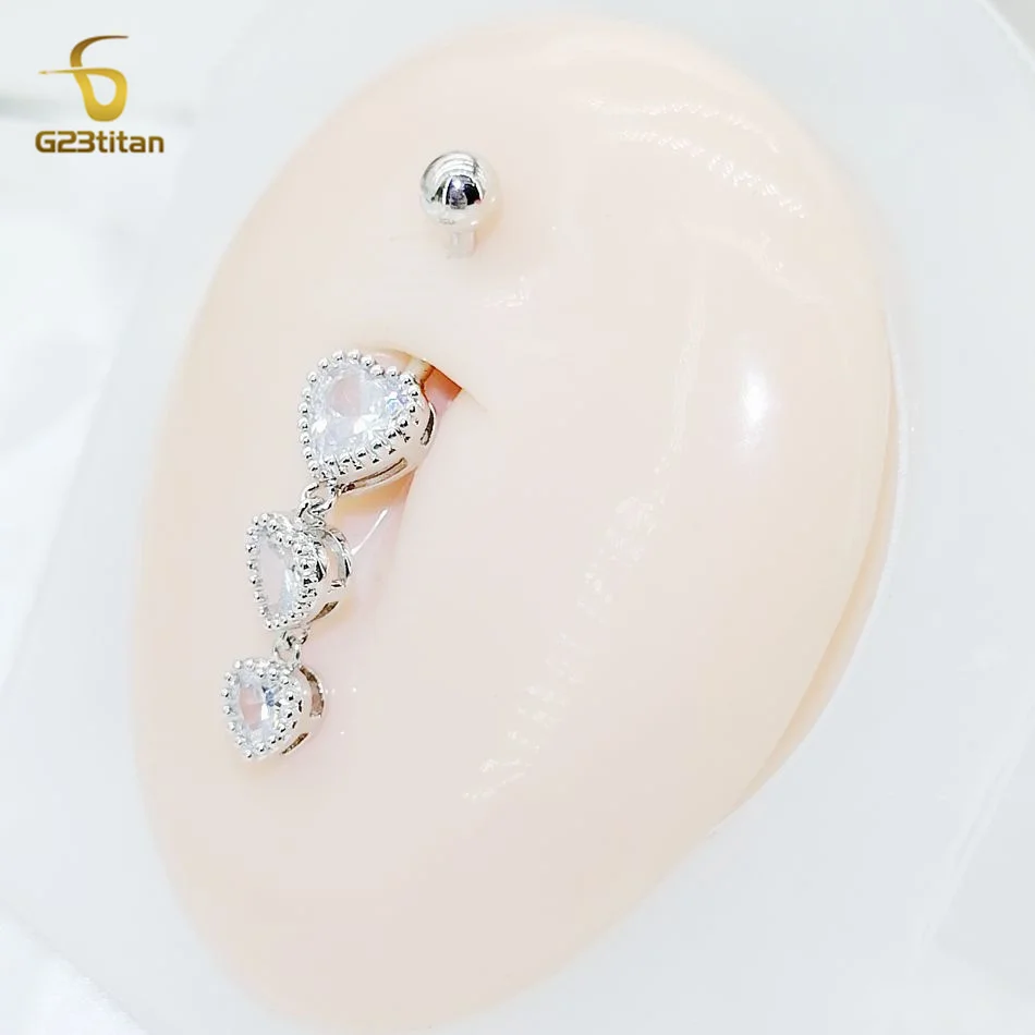 G23titan Zircon Heart Dangle Belly Button Rings 14G Allergy-free Titanium Steel Curved Barbell Women Sexy Navel Piercing Jewelry