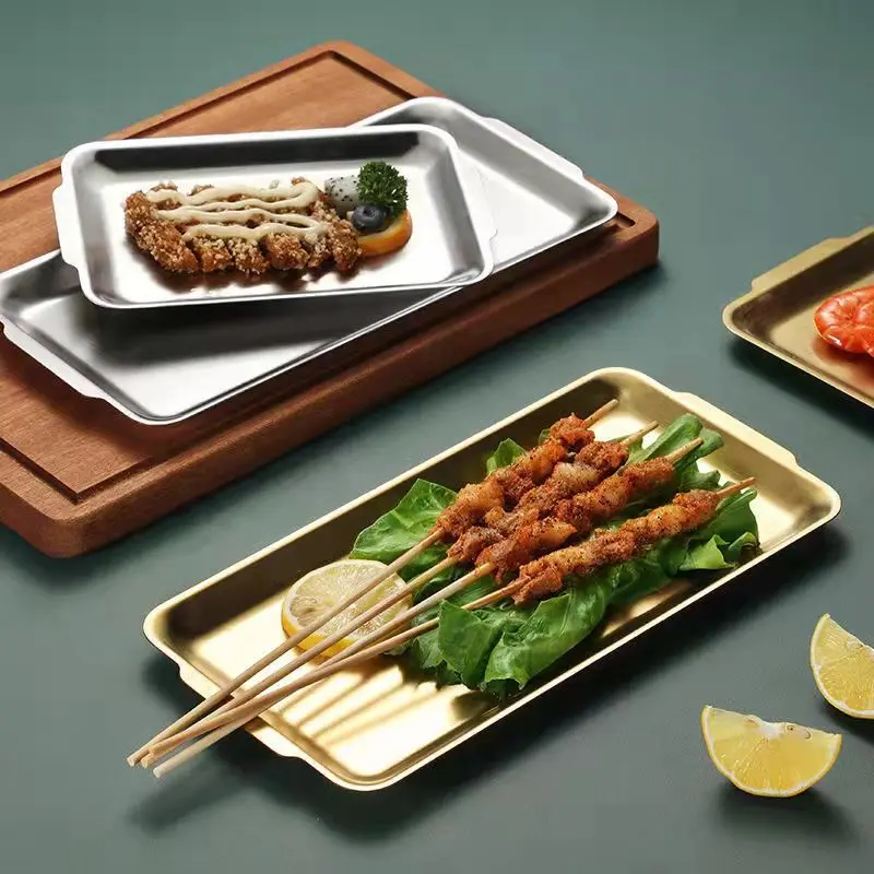 

Restaurant Hotel Serving Plate Korean Style 304 Stainless Steel Square Barbecue Plate Gold Rectangle Thickened Flat Bottom Tray