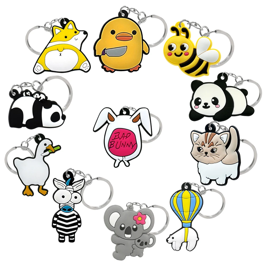 1/11PCS Funny Animals Keychain Girl\'s Ruddy Duck Pandas Corgi Key Ring Bad Bunny Cat Key Chain Backpacks Fittings for Women Kids