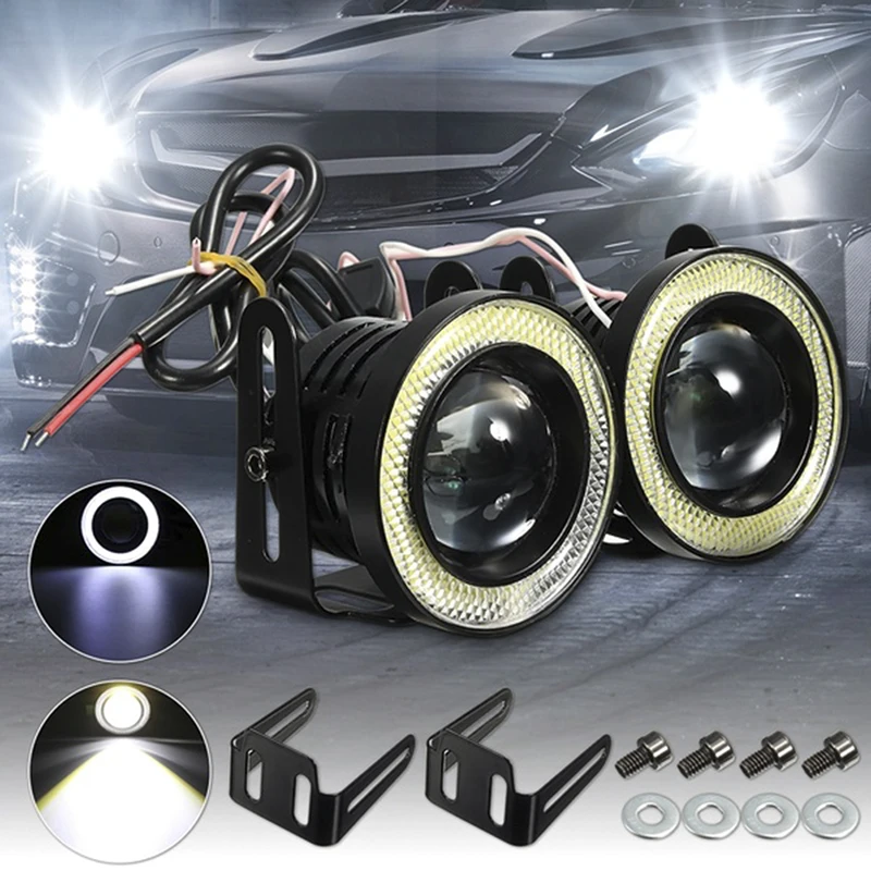 1 Pcs 15W 6000K Car White COB LED Projector Angel Eyes Blue Ring DRL Fog Light Lamp 2.5