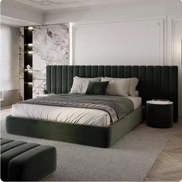 Fabric bed large flat-level villa flannel double bed high-end luxury cream wind cotton and linen widescreen bed