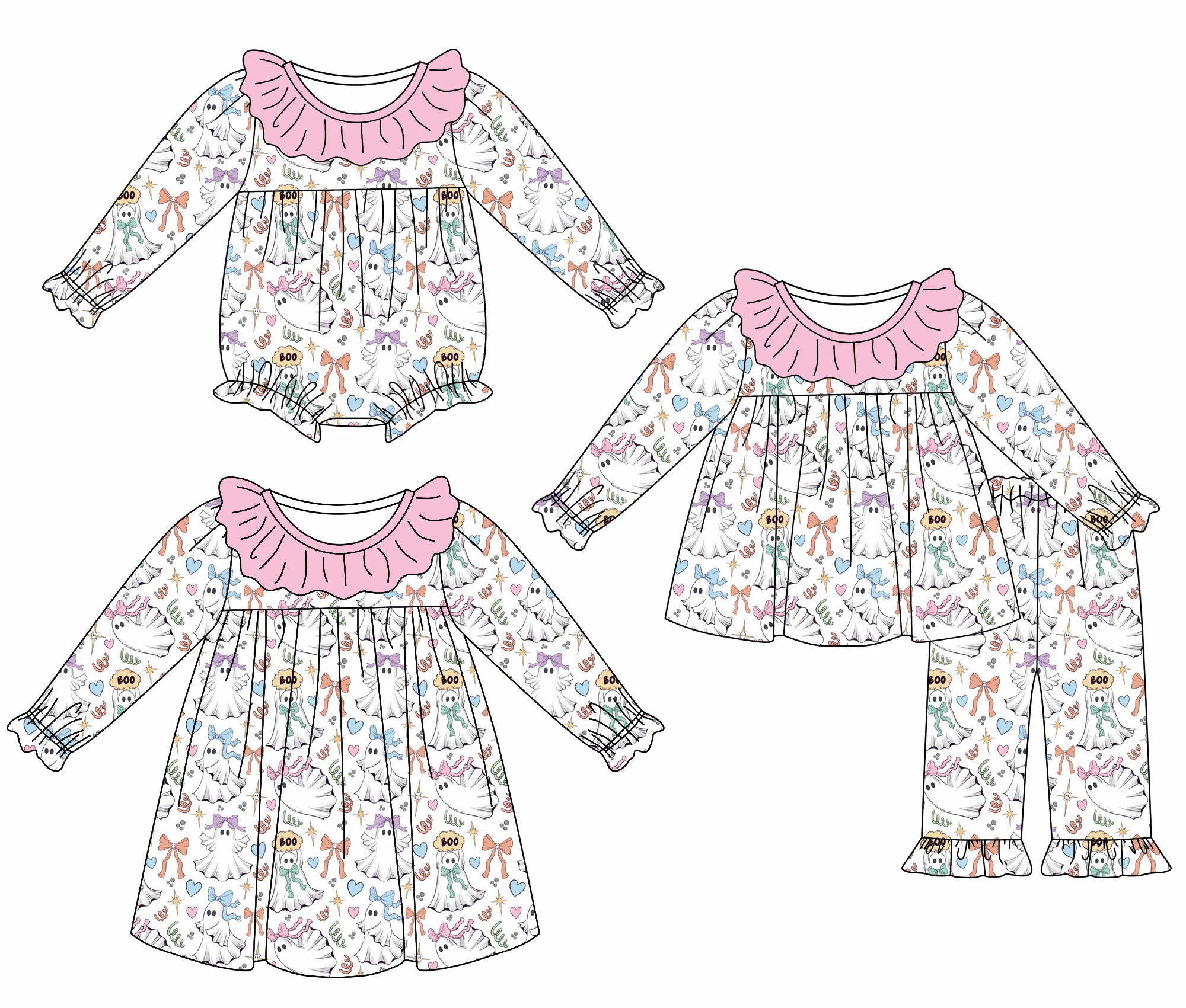 Boutique kid's clothing sets Crew neck Ruffle Long-sleeved top and long trousers Halloween ghost pumpkin print dress and romper