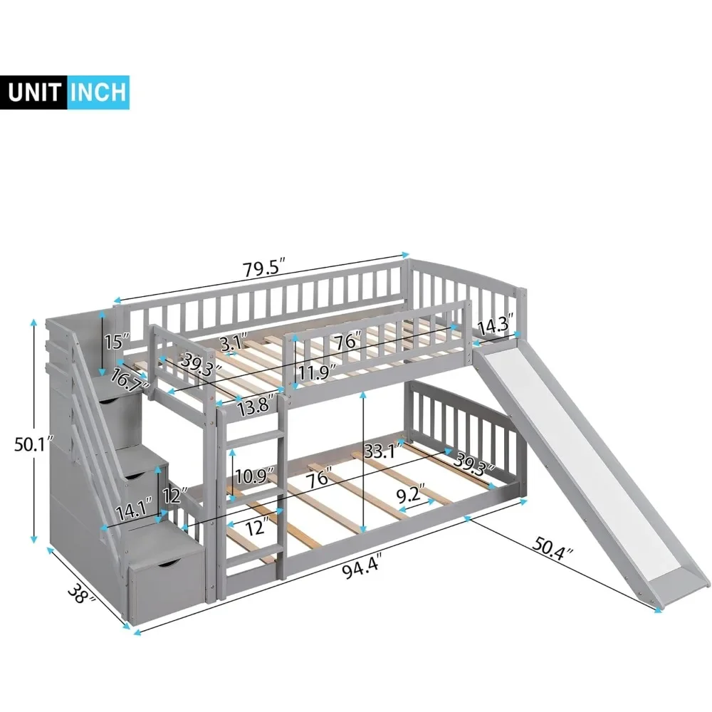 Bunk Bed ,with 2 Drawers, Stairway,Slide and Ladder - Bunks Beds for Family, Teens, No Box Spring Needed,Wood Bunk Bed Frame