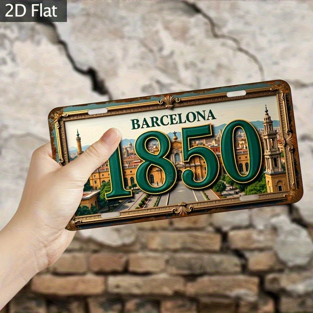 2D Flat-1pc, Aluminum License Plate, Decorative Use Only, Vintage Metal Wall Panel Barcelona Cityscape with Sagrada Familia