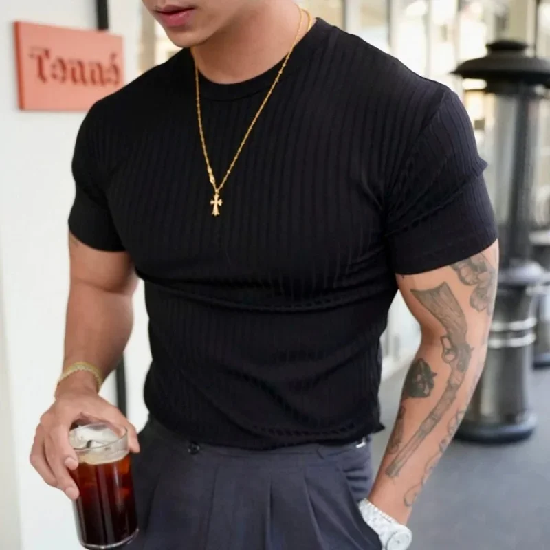 2025 New Fashion Fitness Training T-shirt Men's Summer Sports Leisure Round Neck Elastic Short Sleeve Vertical Stripe T-shirt
