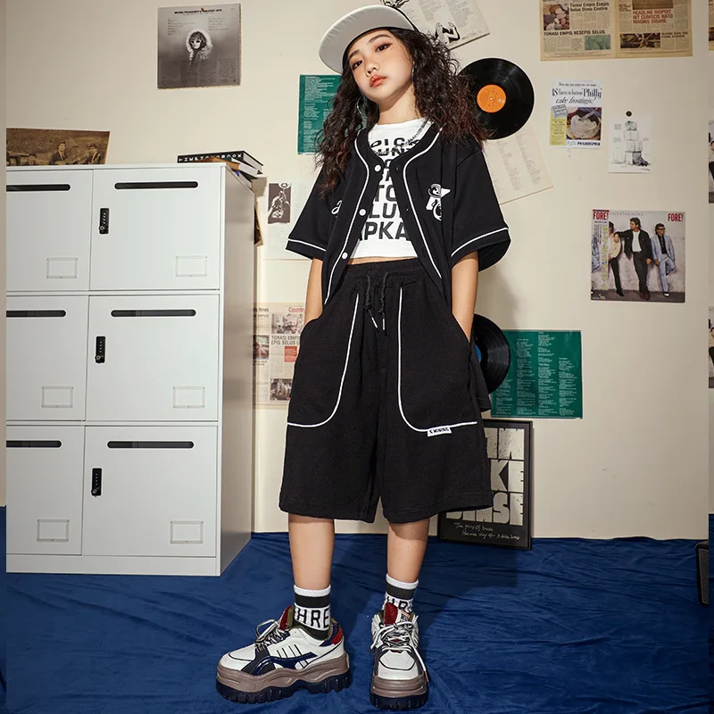 Nova dança de rua crianças jazz hip-hop preto roupas de beisebol para meninos hip-hop desempenho traje para meninas