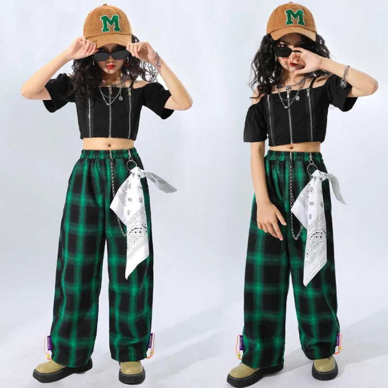 Kids Teen Kpop Hip Hop Clothing Crop Top Off shoulder T Shirt Casual Streetwear Cargo Pants for Girl Jazz Dance Costume Clothes