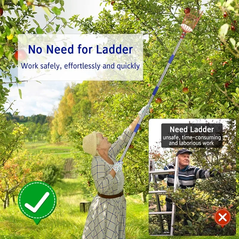 Drążek do zbierania owoców ze stali nierdzewnej, regulowany do 2,4 m - narzędzie do zbierania owoców z koszykiem na jagody, cytryny, brzoskwinie, borówki