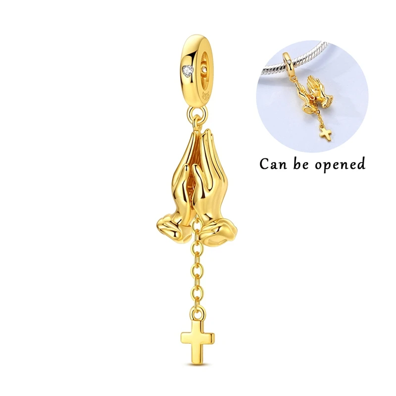 925 Sterling Silver Charms Bead CZ Zircon Gold Plated Prayer Hands Dangle Fit Original Bracelet DIY Women Jewelry Gift