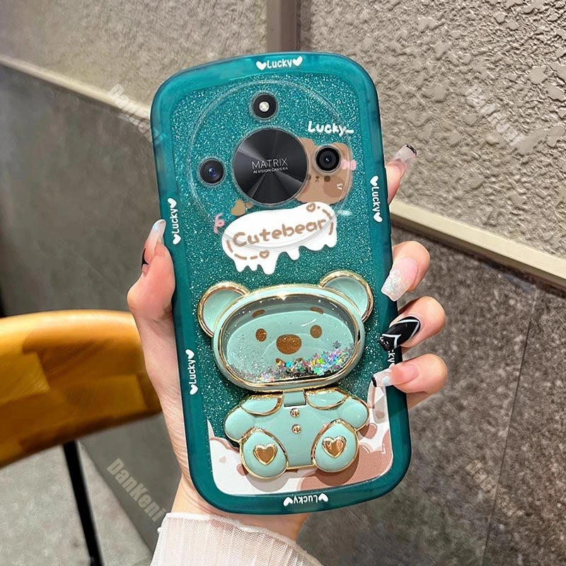 Bear Makeup Mirror Silicone Holder Phone Case For Huawei Honor X50 X50i X40 X30 X40i X20 X10 V30 V40 Magic 5 5Pro 5Lite 3 Cover