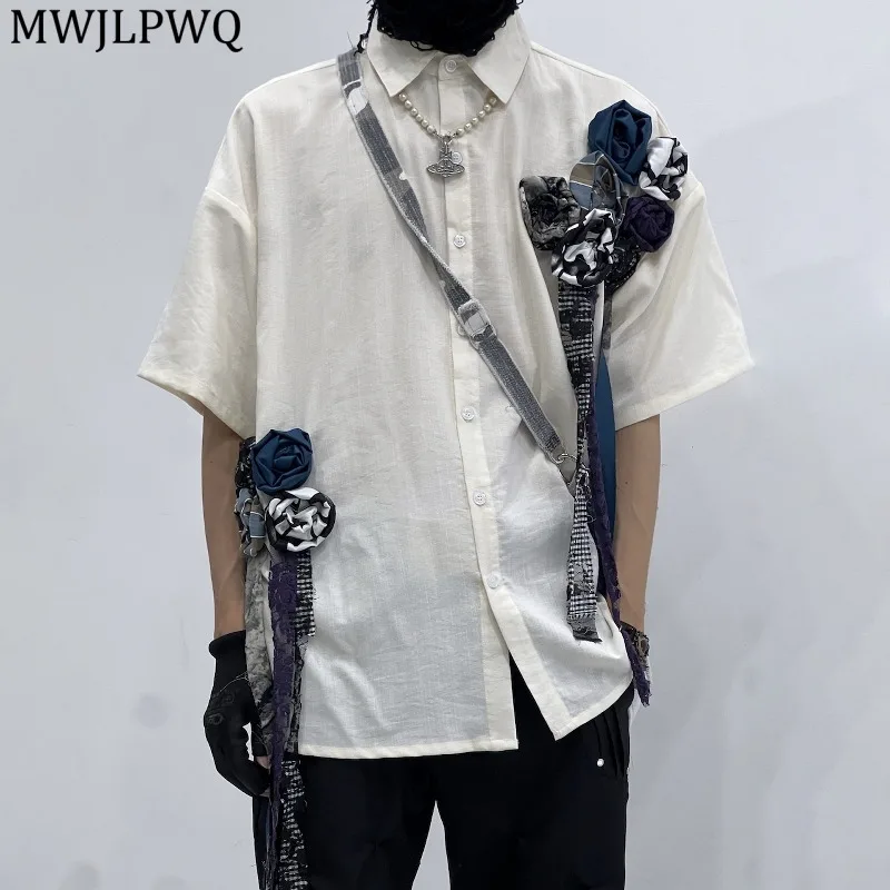 

MWJLPWQ Niched Design Floral Print Male Shirts High Street Lace Up Lapel Short Sleeve Loose Casual Blue Tops 2025 Summer 11682