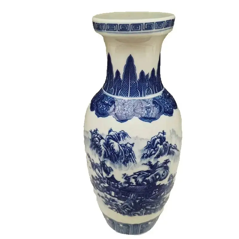 Antique Chinese Porcelain Vase Blue White Landscape Pattern Decorative Flower Container Old Worldly Charm