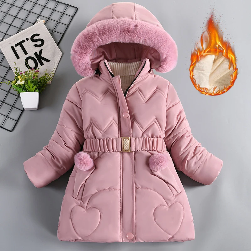 4-10 Years Fashion Girls Jacket Winter Solid Color Heart Decoration Lining Plush Warm Hooded Coat For Kids Children Outerwear