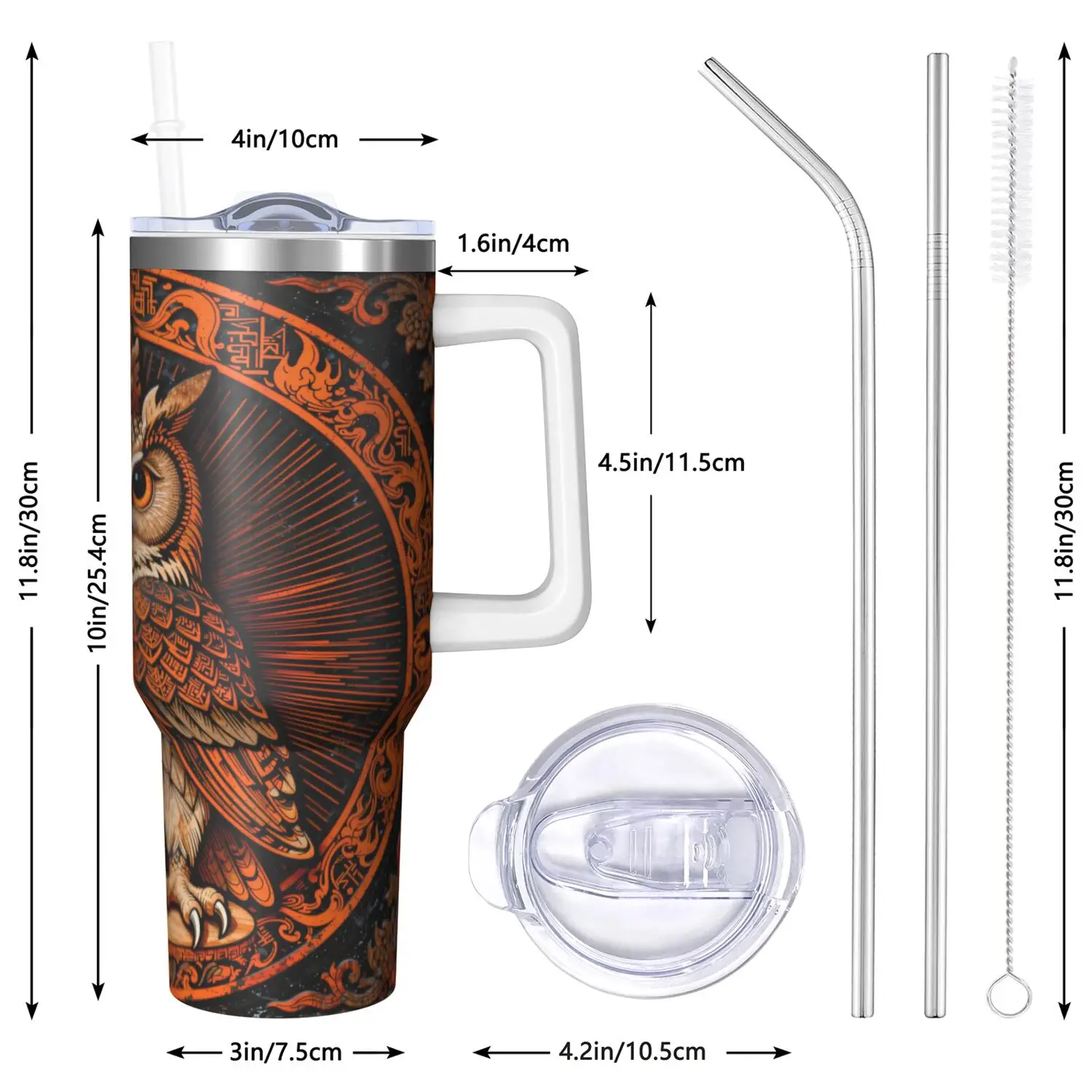 Owl Handle Cup Set with Straw, Maximum Capacity 40oz, Inner Layer 304 Stainless Steel, Outer Layer 201 Stainless Steel, Seamless Inner Liner, Lid Made of PC Material, Suitable for Home, Office, Outdoor, Sports, and Car Use