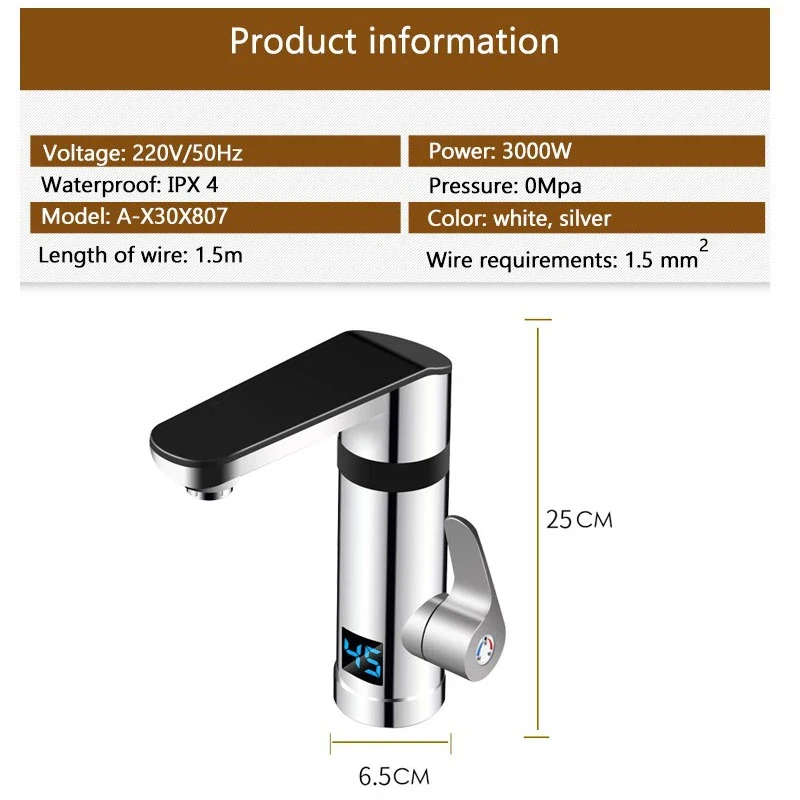 Keran Listrik Pemanas Air Instan 3000W Keran Dapur Tanpa Tangki Pemanas Cepat dengan Tampilan Suhu Panas Dingin Penggunaan Ganda
