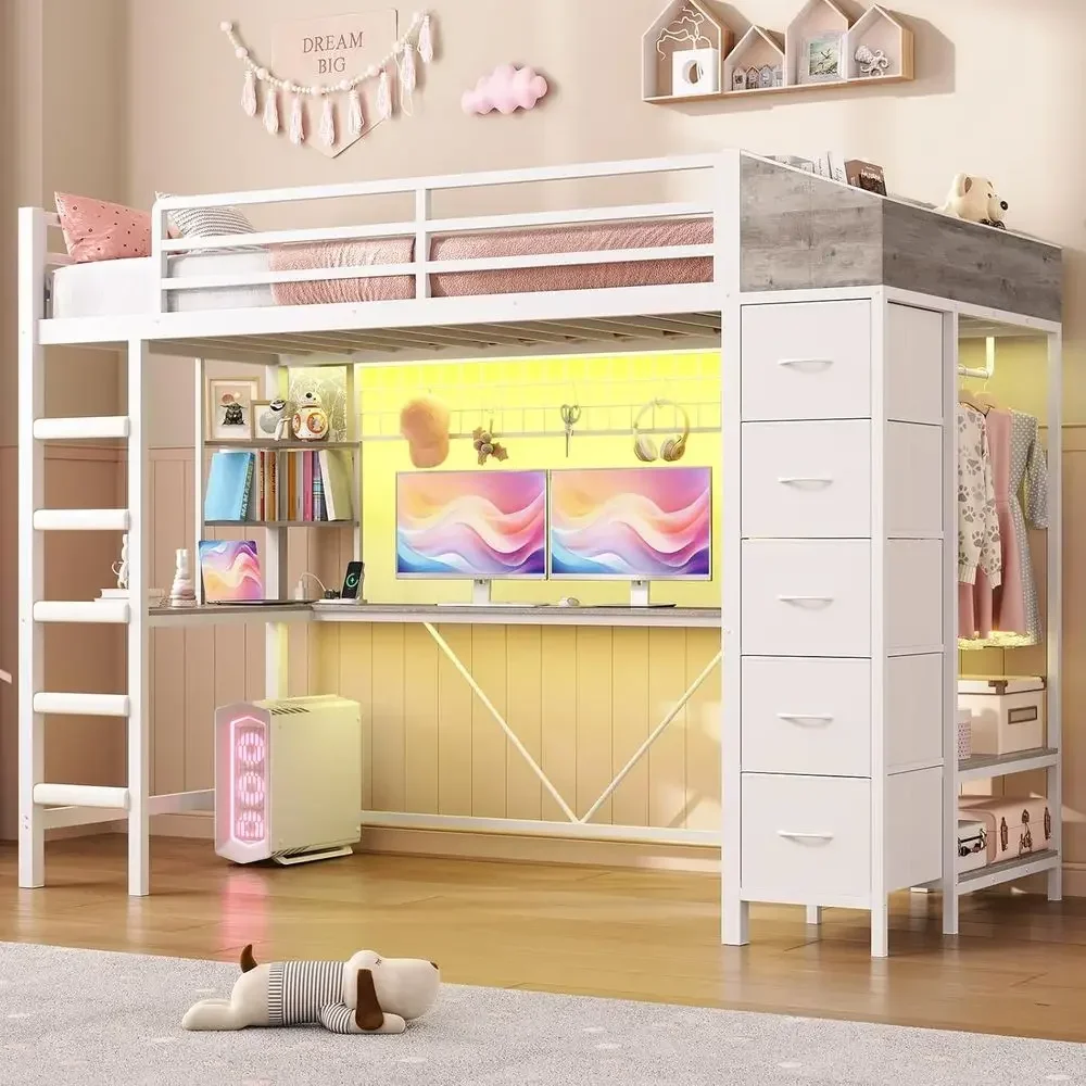 White Twin Size L-Shaped Desk Bed with LED Lights, Charging Station, 5 Drawers, Hall Tree, and Safety Guard