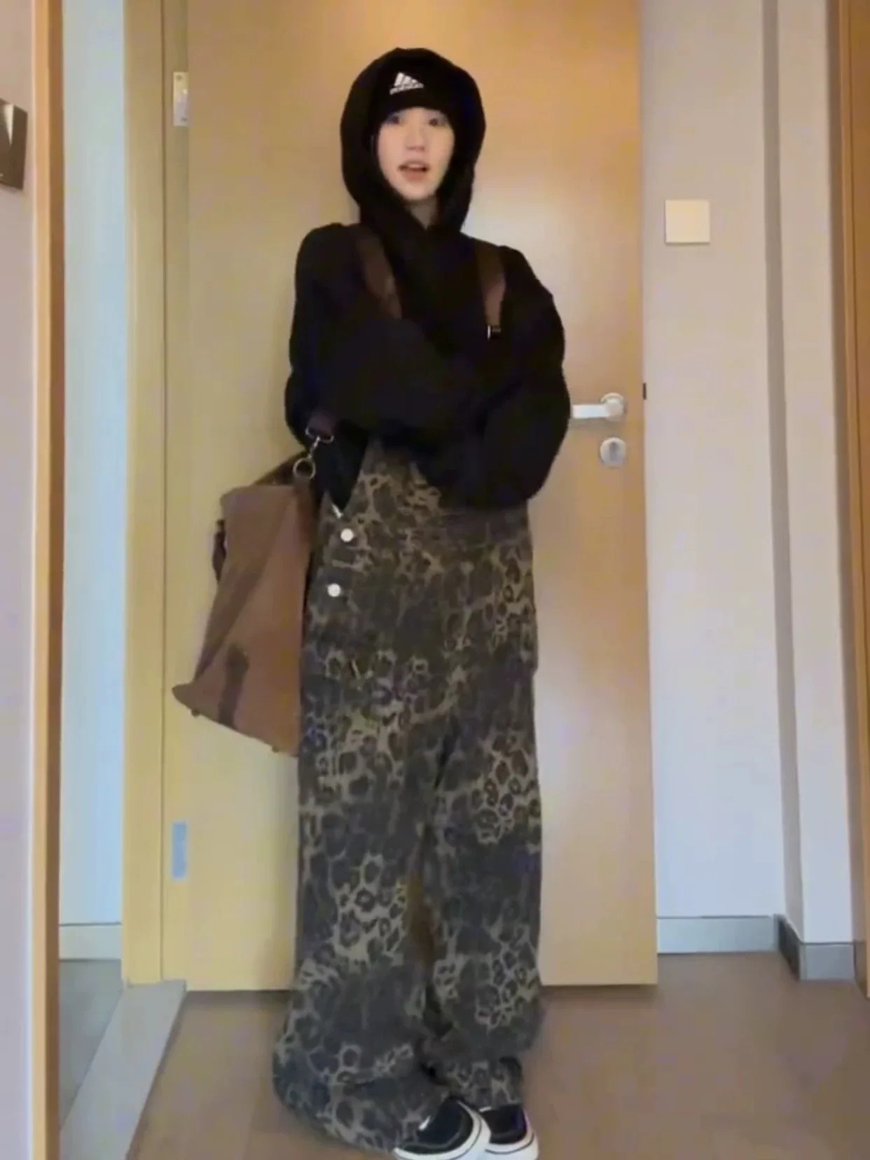 American Retro Leopard Print Denim Overalls Women's Spring Autumn Loose Lazy Straight Leg Workwear Overall Pants