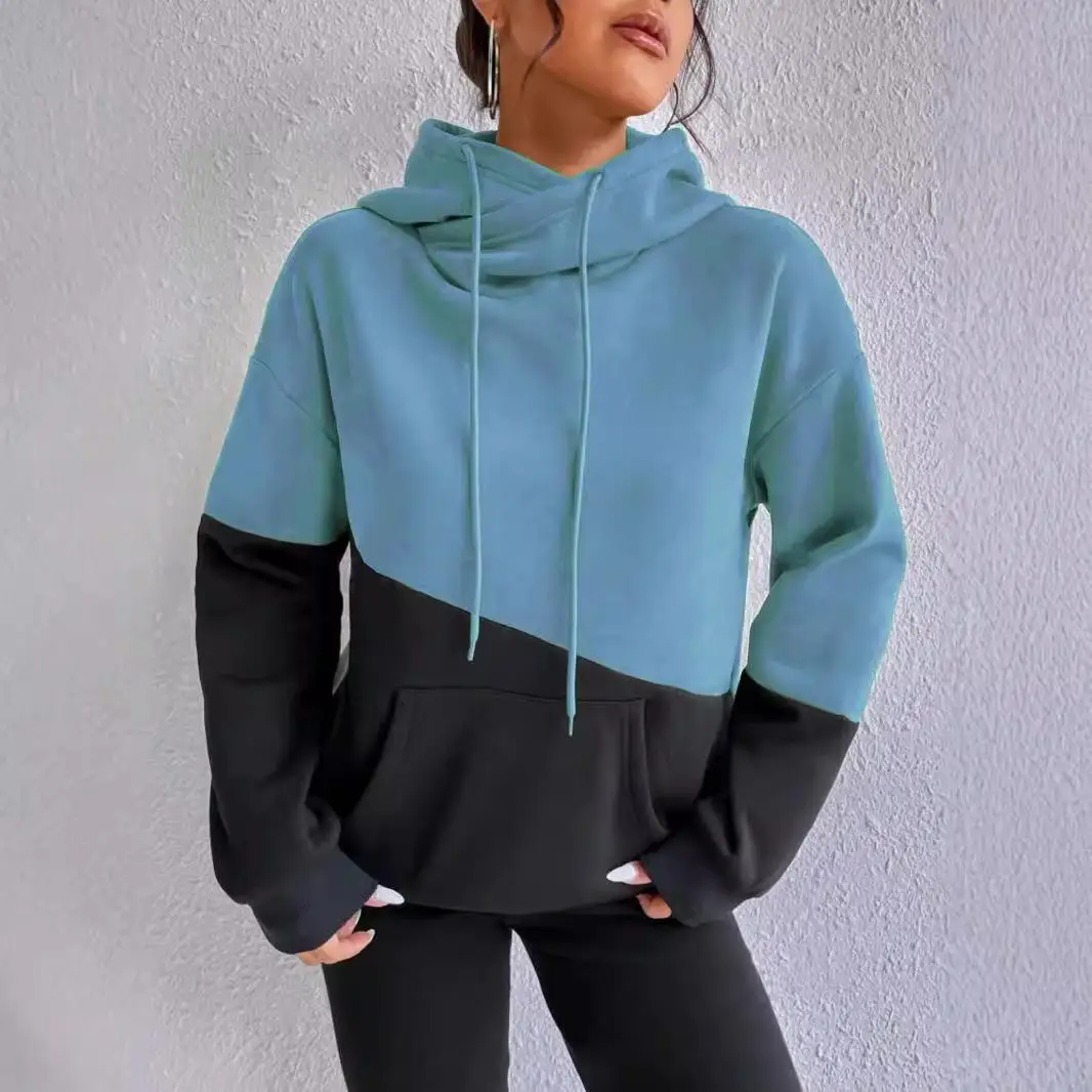 

Women's Hooded Sweatshirt with Pocket Block Splicing Drawstring Waist Street Style Regular Sleeve Length Winter Fashion