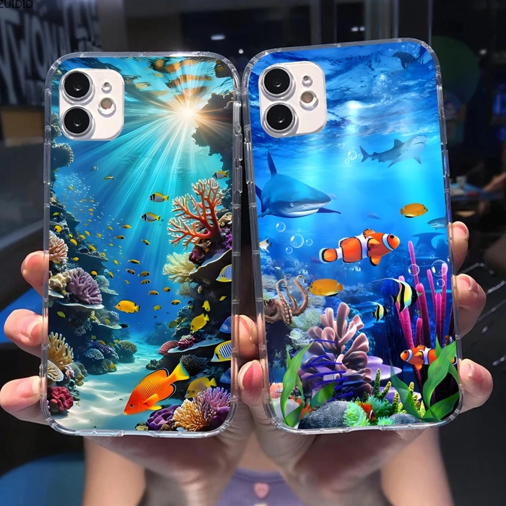 Nature Ocean Fish Mobile Cell Phone Case for iPhone 16 15 14 13 12 11 X XR XS 8 Pro Max Plus Mini Clear Transparent Cover Shell