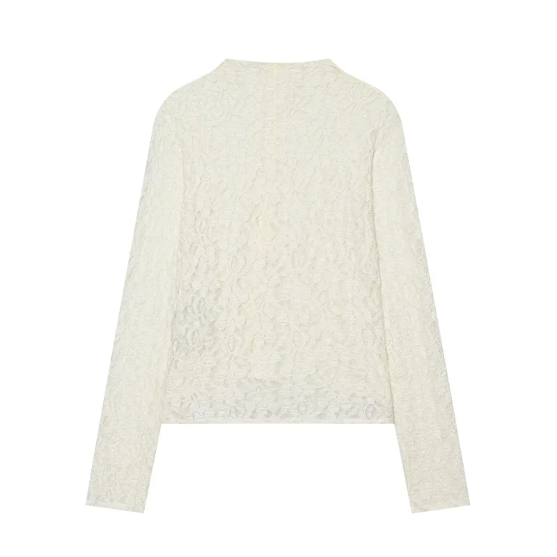 Guobioziy Women's 2026 Spring and Autumn New Fashion Simple Versatile Long-Sleeve Semi-Transparent Lace Button-Up Top