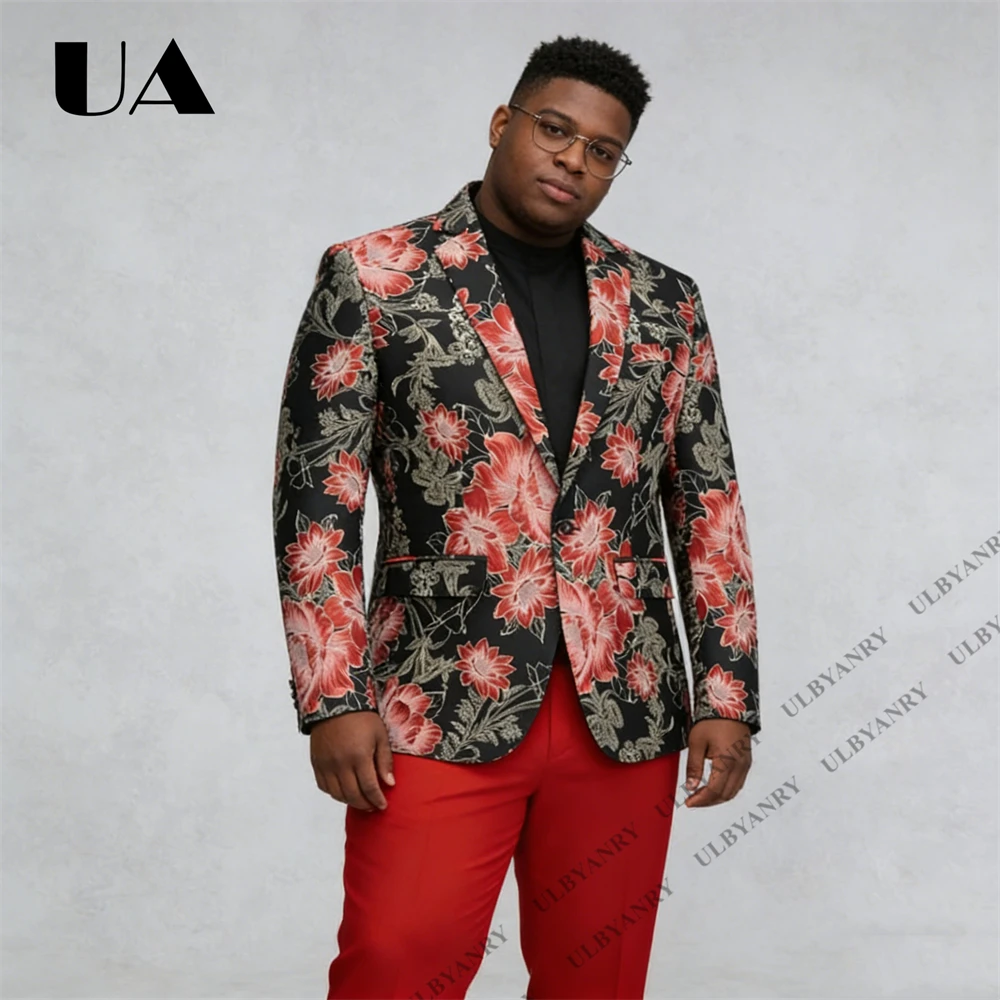 

ULBYANRY Plus Size Men’s Black Base Red Flower Embroidery Satin Peak Lapel Oversize Jacket for Prom Party (Size M - 6XL)