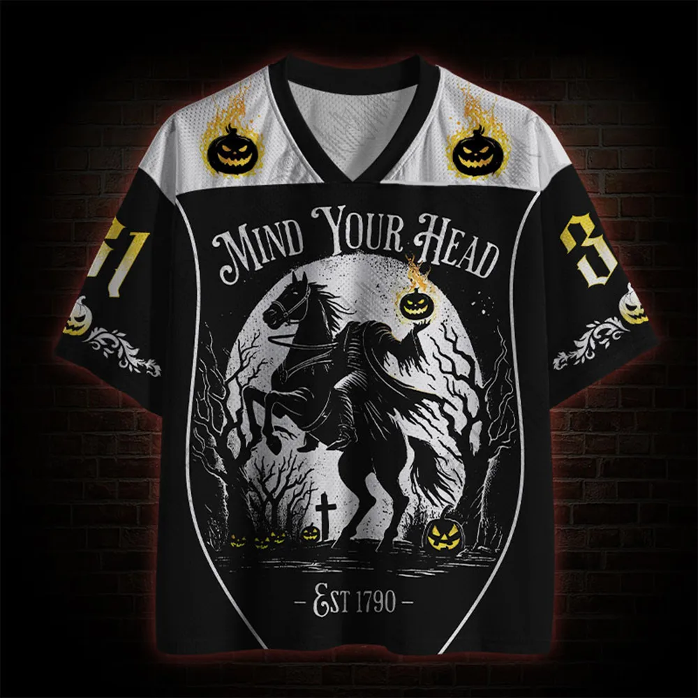 Halloween Limited V-neck Short Sleeved Shirt, Horror Night Pumpkin Head Short Sleeved Shirt,Trendy Sportswear,Full Print T-shirt