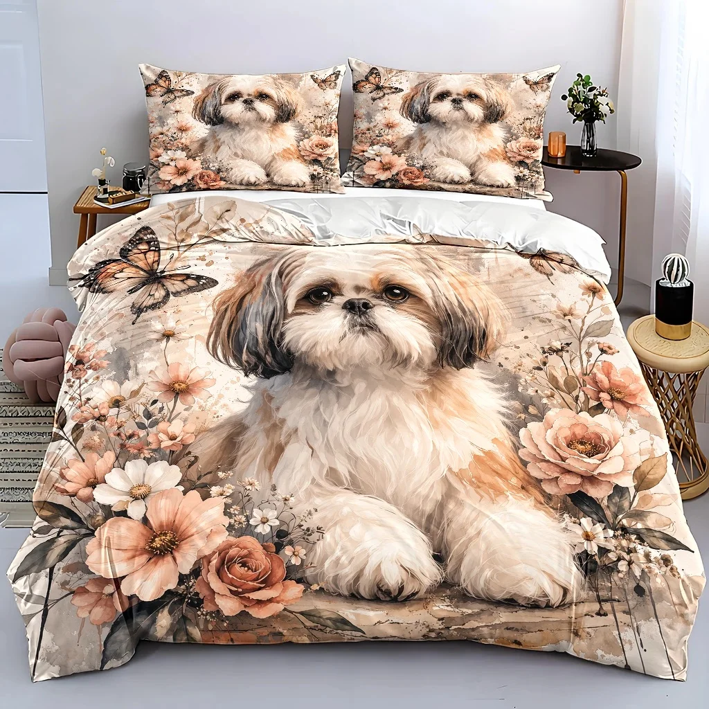 3Pc Vintage Watercolor Style Shih Tzu Dog Floral Butterfly Duvet Cover Set, Bedding Three-Piece Set (1*Duvet Cover + 2*Pillowcases), Suitable for All Seasons, Machine Washable, Invisible Zipper Double Bed Cover, Suitable for Home, Dorm, Master Bedroom, Guest Room, Large Duvet Cover Three-Piece Set, Ins-Style Artistic Print Skin-Friendly Bedding, Cross-Border Best-Selling Bed Cover Set, Soft and Comfortable Bedroom Decor Bedding, American Country Style Pet Floral Bedding