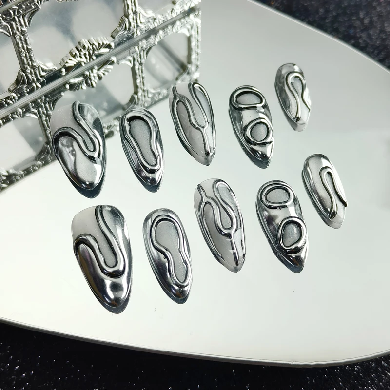 10PCS Handmade Y2k Press on Nails Silver Medium Almond Acrylic False Nails Full Cover Design Irregular Goth Artificial Nail Tips