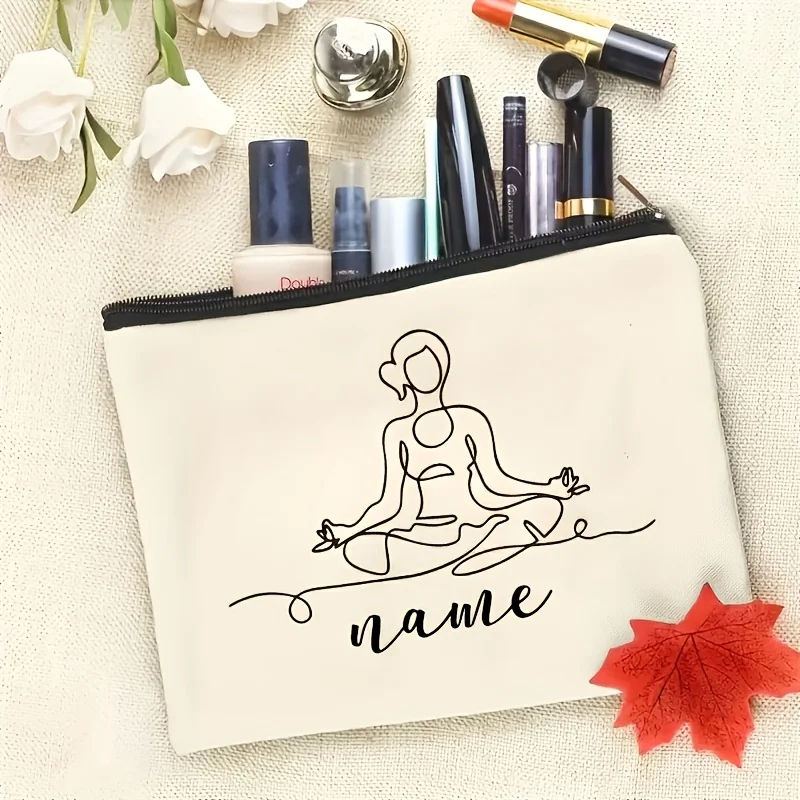 Custom Yoga Themed Makeup Travel Organizer Pouch with Name Text Lightweight Zippered Yoga Pose Suitable for Yoga Teachers