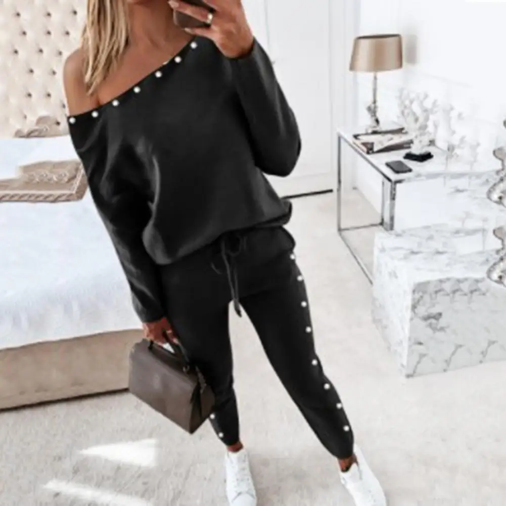 1 Set Sweatshirt Sweatpants Set Popular Loose Long Sleeve Pullover Pants Women Pullover Pants Set