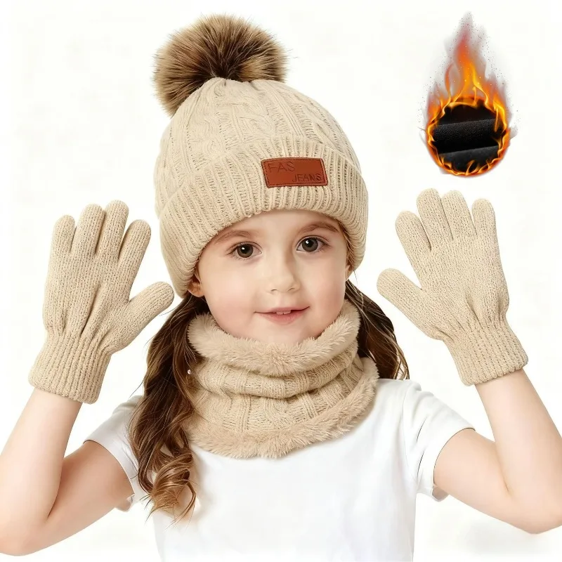 3PCS Winter Hat Scarf Gloves Set,outdoor fashion Knitted Hooded Fleece,winter warm Soft Comfortable Hats for skiing,daliywear