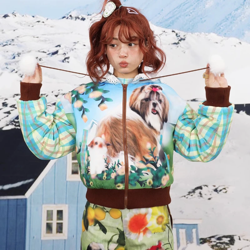 Autumn And Winter Warm Cotton Padded Jackets Cute Cartoon Print Versatile Sweet Short Hooded Jaquetas Girl's Jacket Fleece Coats