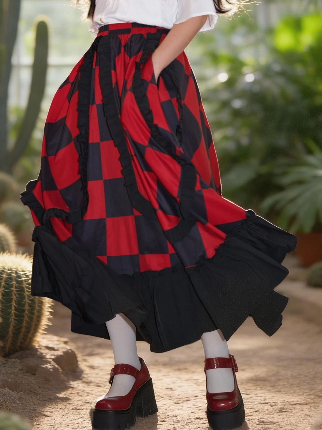 TIYIHAILEY-롱 미드-카프 스커트 여성용 신축성 있는 스커트 여름 봄 레드와 블랙 체크 패치워크 2026 신상 포켓 포함 A라인
