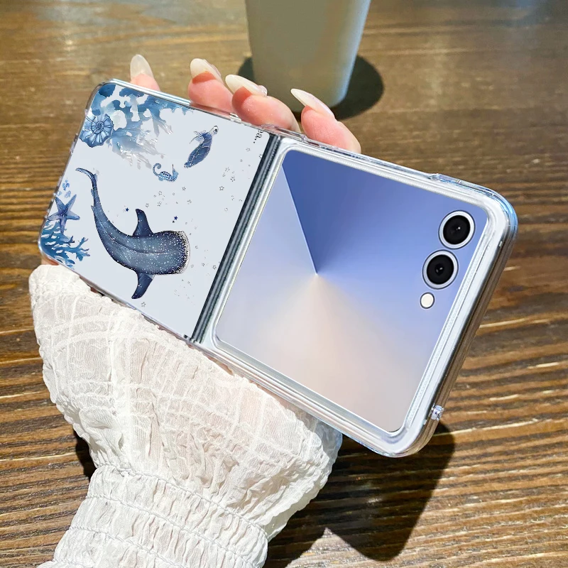 الحوت نمط قضية الهاتف لسامسونج غالاكسي Z Flip7 FE Flip6 Flip5 Flip4 واضح للطي الغلاف الصلب لسامسونج Z Flip 3 4 6 7 5G