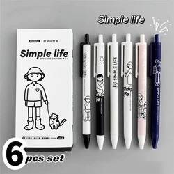 6pcs Simple Life Gel Pens Set Cartoon Design Click Type 0.5mm Ballpoint Black Color Ink for Writing Office School A7069