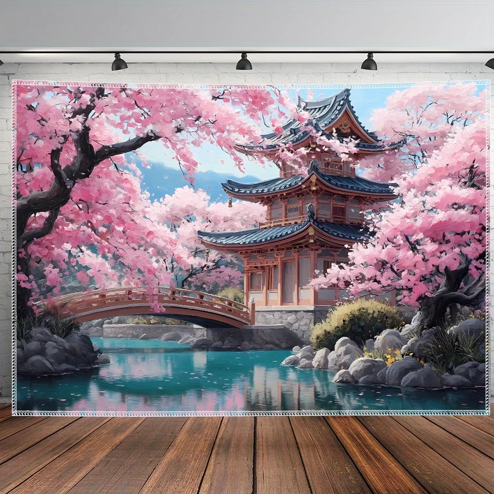 Exquisite Japanese Sakura Cherry Blossom Pagoda Wall Tapestry Asian Style Anime Floral Spring Home Decor Decoration