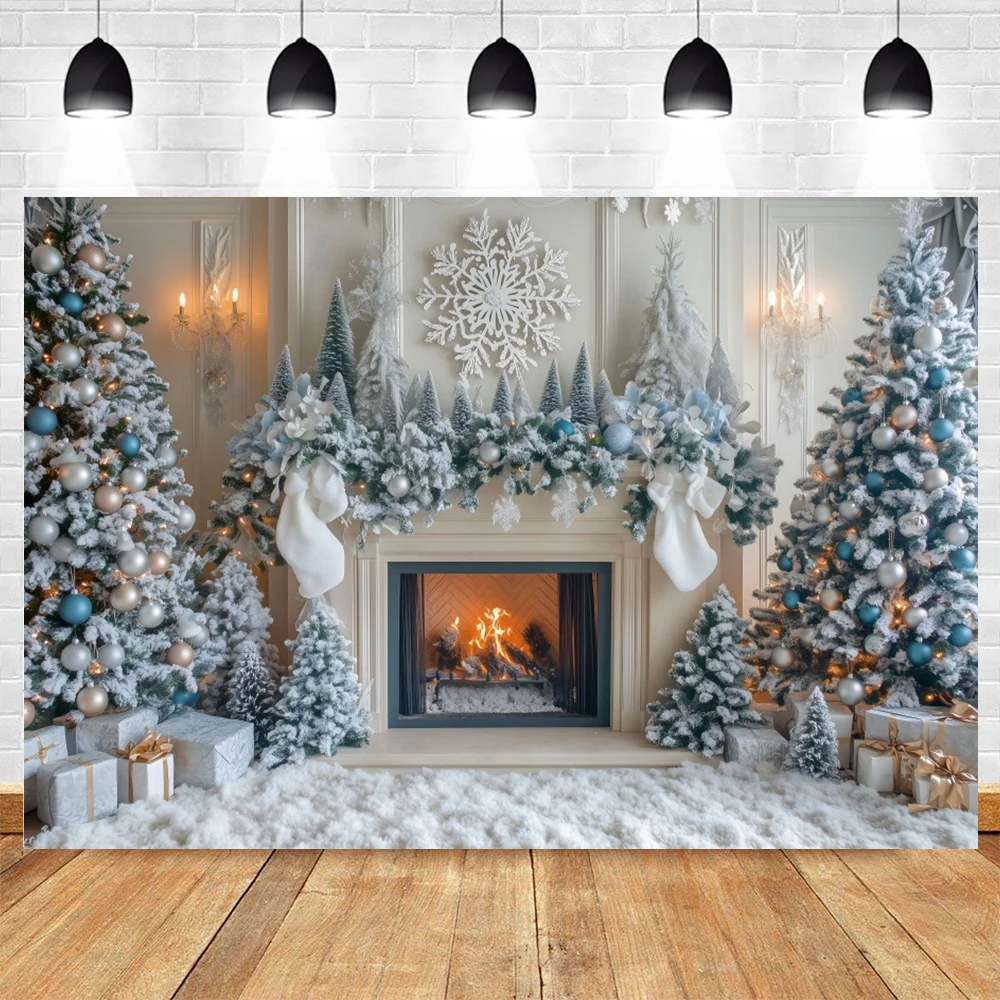 Winter Christmas Indoor Fireplace Photography Background Xmas Tree Kid Family Party Portrait Decor Backdrop Photo Studio Props