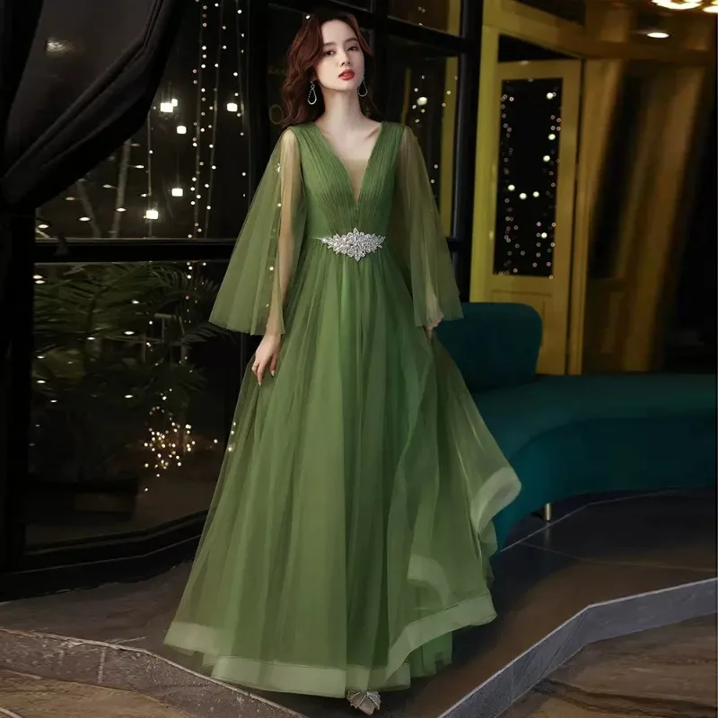 

Evening Gown, Women's Banquet Temperament, Long Style, Forest Green Wedding Dress, Guzheng Art Exam, Solo Performance Costume