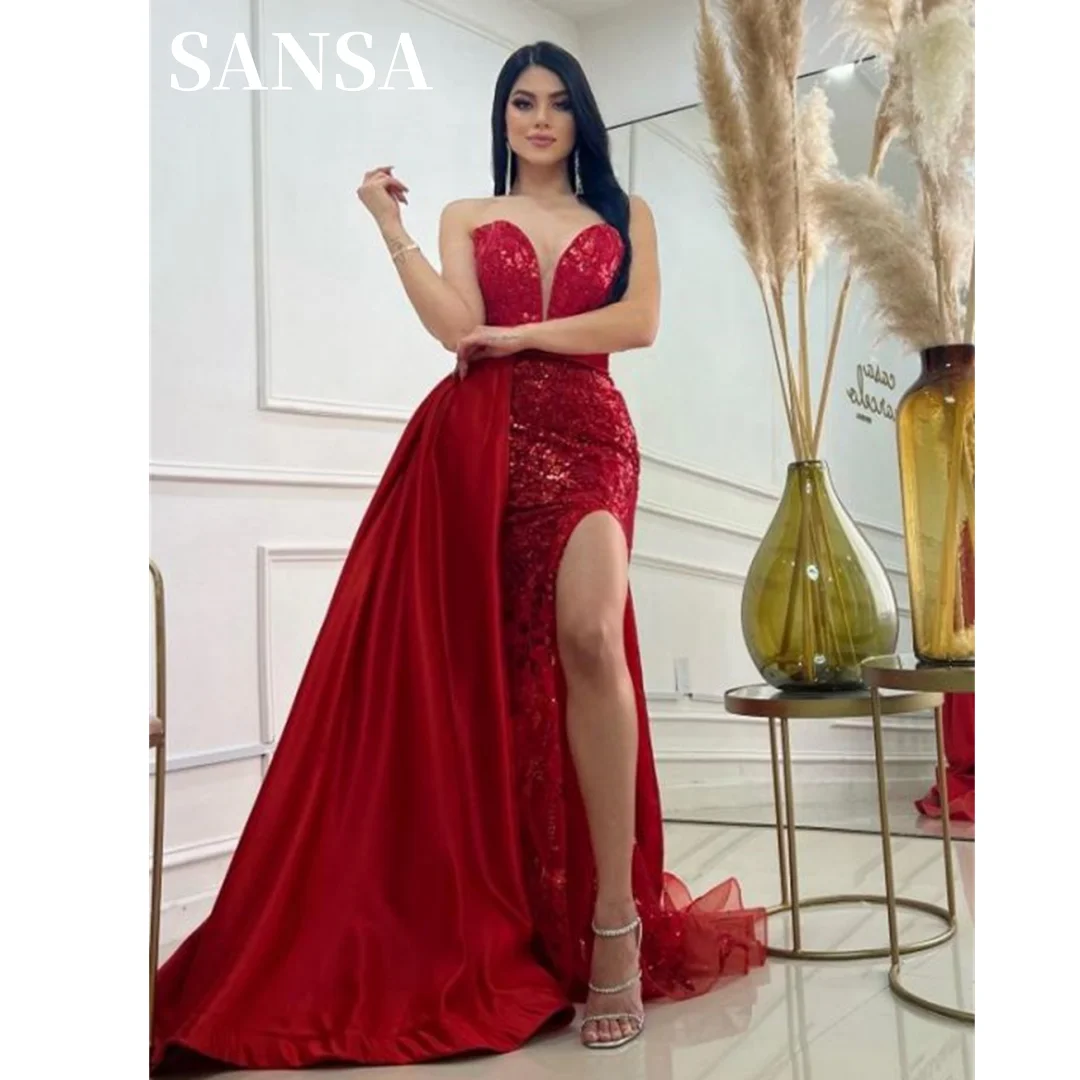 

Sansa Red Lace Embroid فساتين السهرة Sexy Strapless Mermaid Prom Dress Side Split Trumpet Vestidos De Noche Detachable Tail