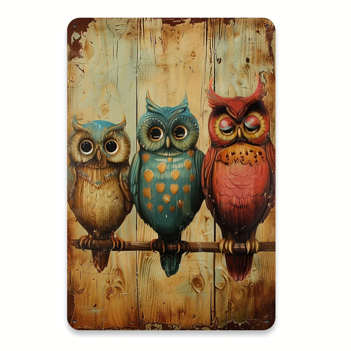 Vintage Metal Tin Sign - 3 Colorful Owls Perched on a Branch, Rustic Wall Art Decor for Living Room, Club, Cafe, Garage, Kit