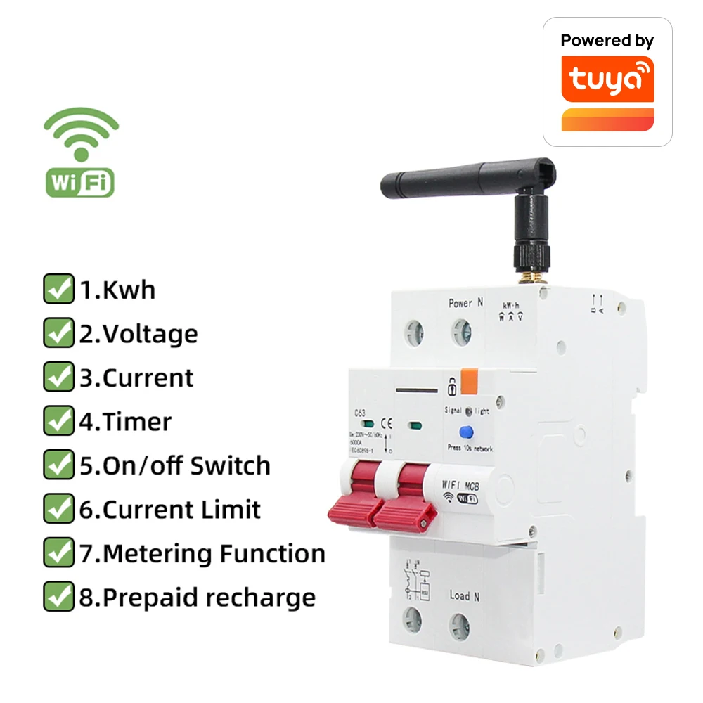 

Tuay Smart life WiFi DC умный автоматический выключатель AC230V/400V 63A 2P защита от перегрузки и короткого замыкания измерительный автоматический выключатель