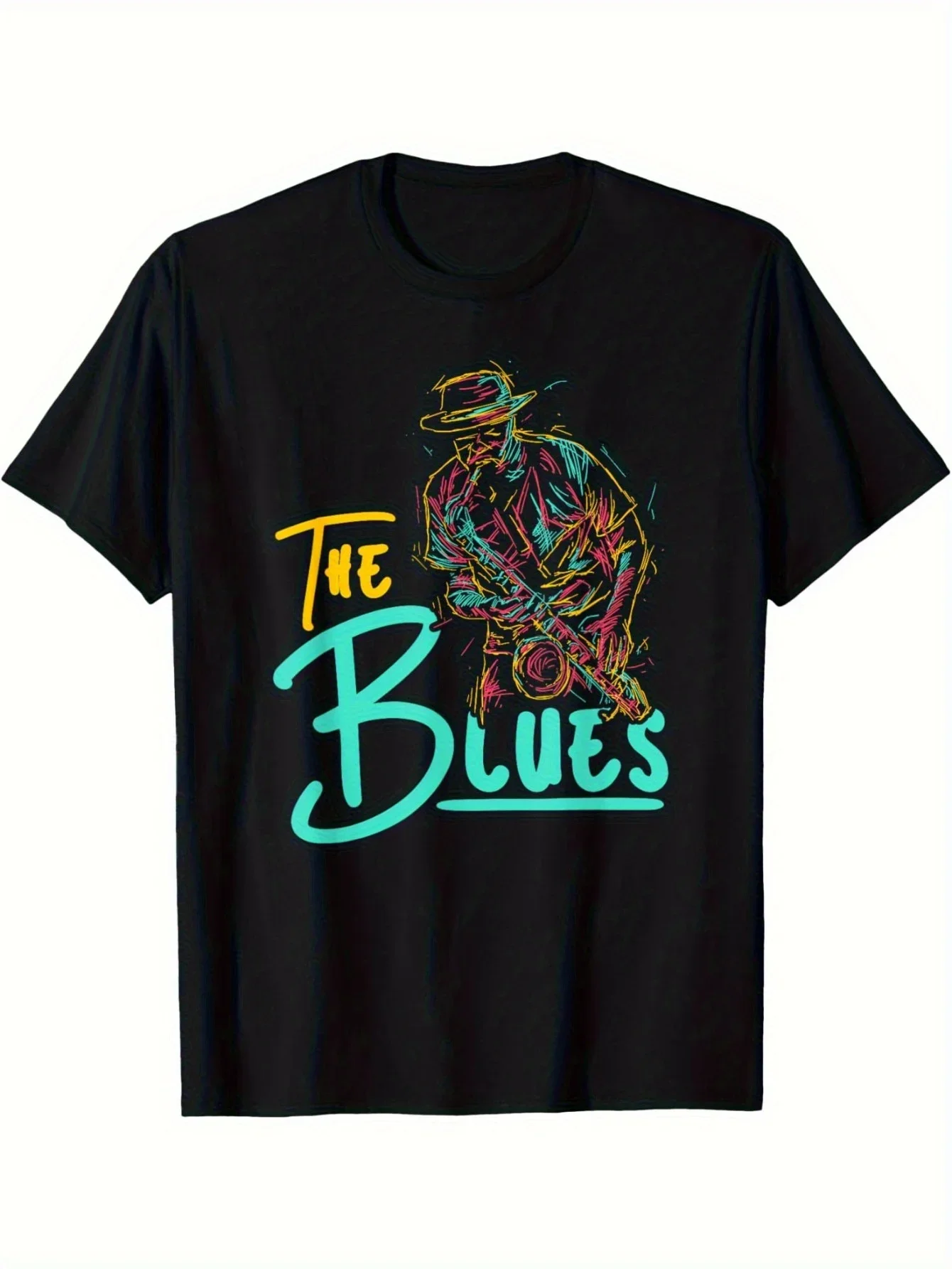 New A Black T-Shirt Featuring a Jazz Blues Music Design, Showcasing a Vibrant Guitarist Playing Blues Art Along with The Word 'B