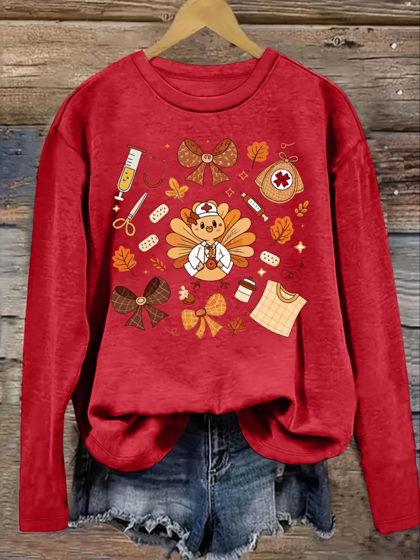 Women's Casual Long Sleeve Crew Neck T-Shirt Cute Turkey Nurse Autumn Pattern Design, Round Neck Women's Clothing, Machine Washable, Slightly Elastic, Loose Fit, Spring Autumn Winter Women's T-Shirt, Halloween Costume Outfit view 4