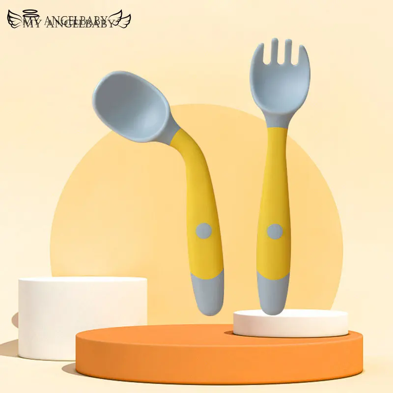 2PCS Silicone Spoon Fork for Baby Utensils Set Auxiliary Food Toddler Learn To Eat Training Bendable Soft Fork Infant Tableware