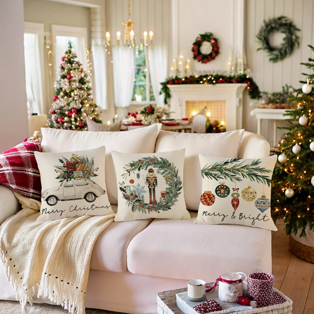 Watercolor White Car Nutcracker Christmas Print Pillow Covers Set of 4, Winter Holiday Cushion Cases for Sofa Home Decor