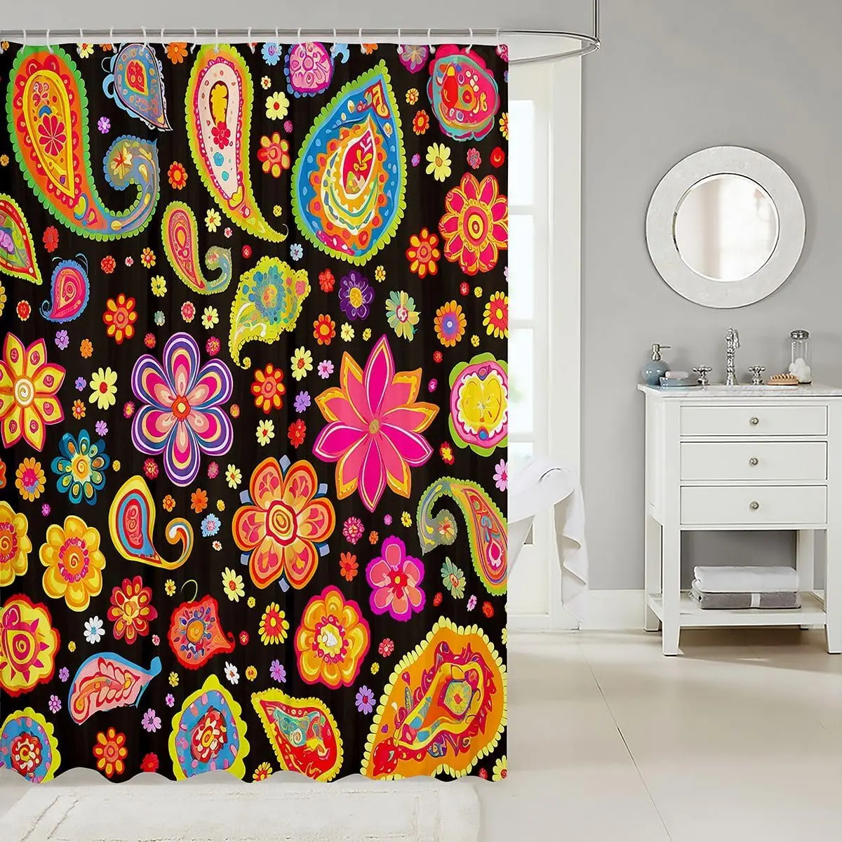 60s 70s Hippie Groovy Shower Curtain, Exotic Boho Paisley Flower Power Rural Waterproof Bathroom Curtain 72x72 Inch With Hooks