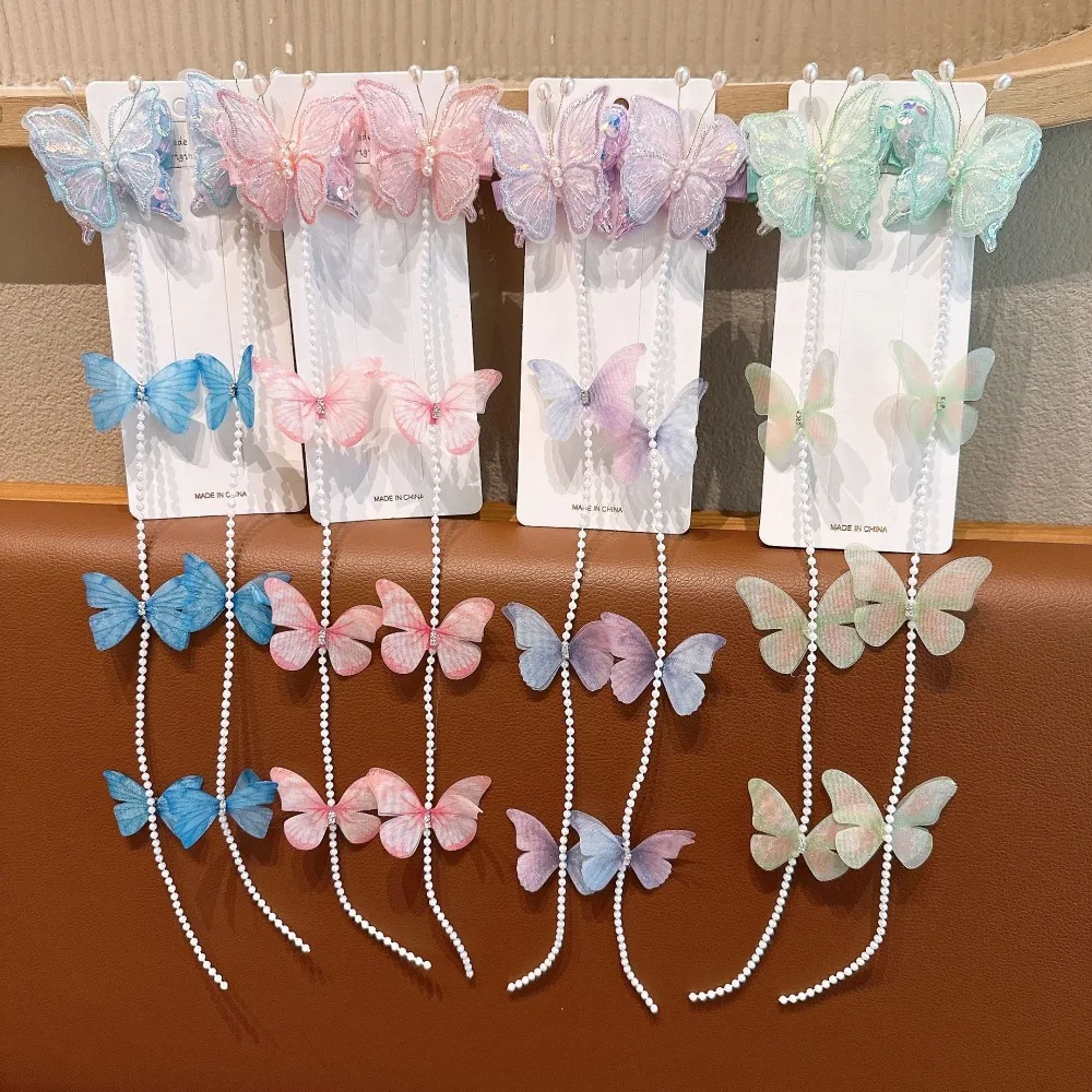 2 Stück Neue, bezaubernde Prinzessinnen-Haarspangen mit Schmetterlingsstickerei für Mädchen, Kinder-Perlen-Quasten-Haarkette, Haarnadel, Haaraccessoire