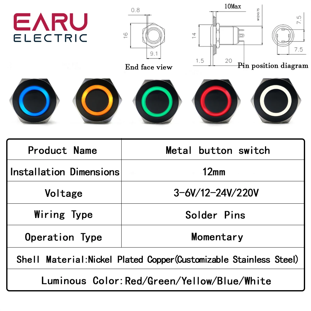 12mm Oxidation Black Metal Push Button Momentary Switch Waterproof LED Light Red Green Blue Yellow White 5V 3V 6V 12V 24V 220V