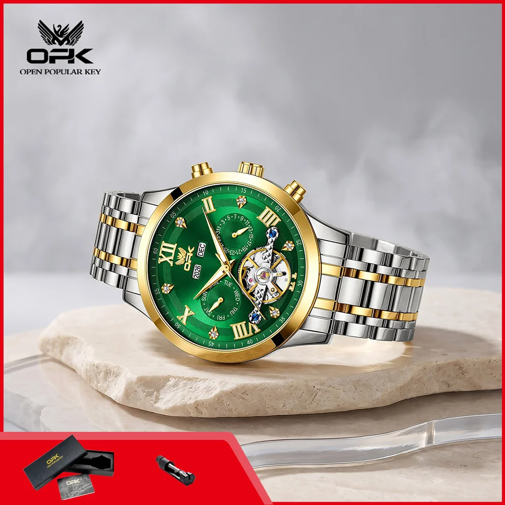 OPK 8198 Hollow Flywheel Men's Watch Luminous Waterproof Calendar Business Classic Automatic Mechanical Men's Wristwatch